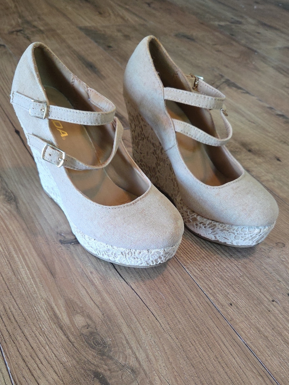 Soda | Glenda Beige Double-Strap Lace Wedge